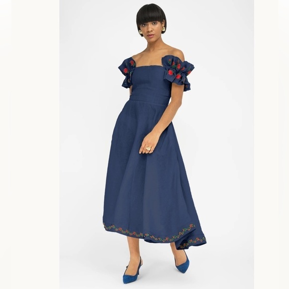 Fanm Mon Navy Midi Dress with Floral Accents - Picture 2 of 13